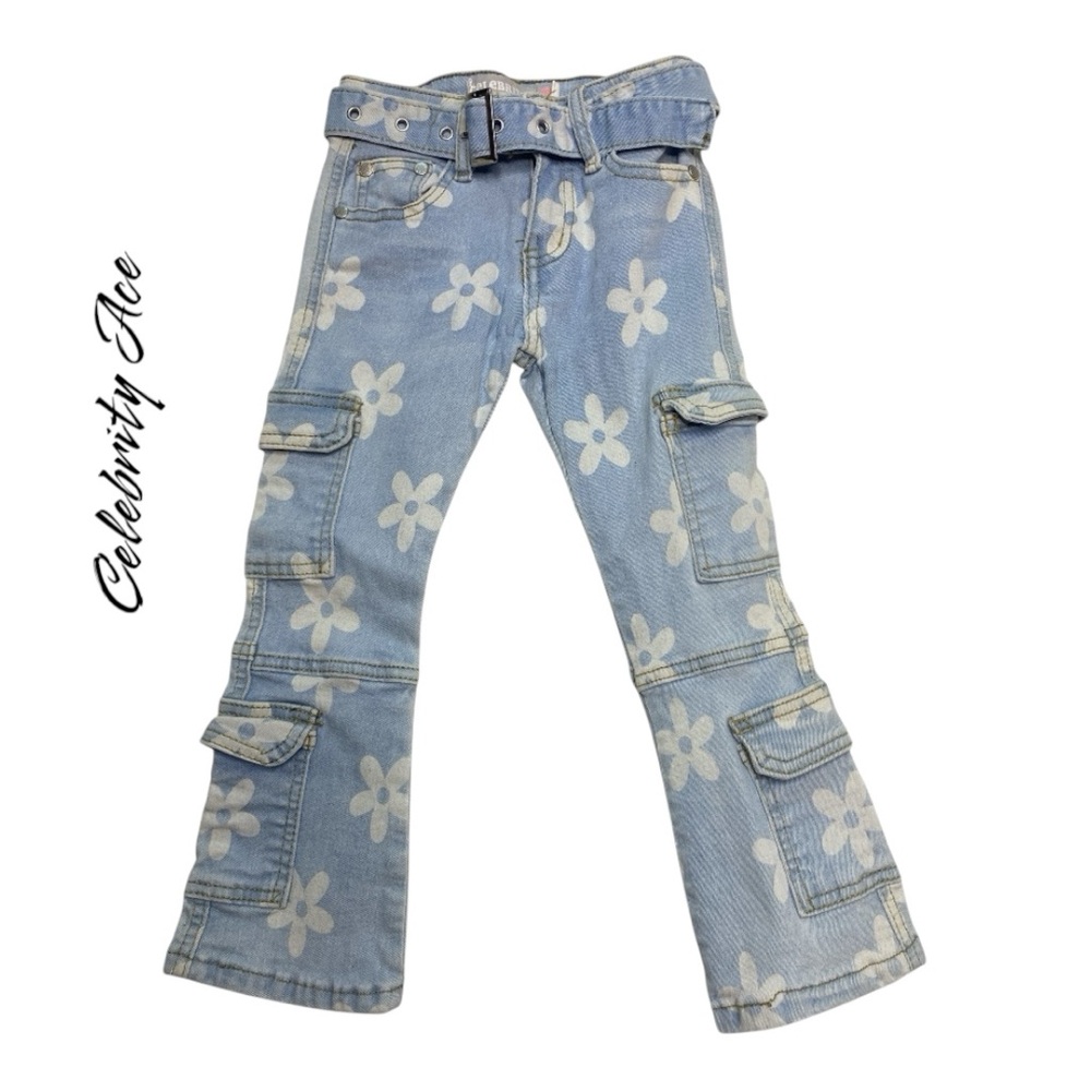 Celebrity Ace Girls Blue Floral Stacked Cargo Jeans